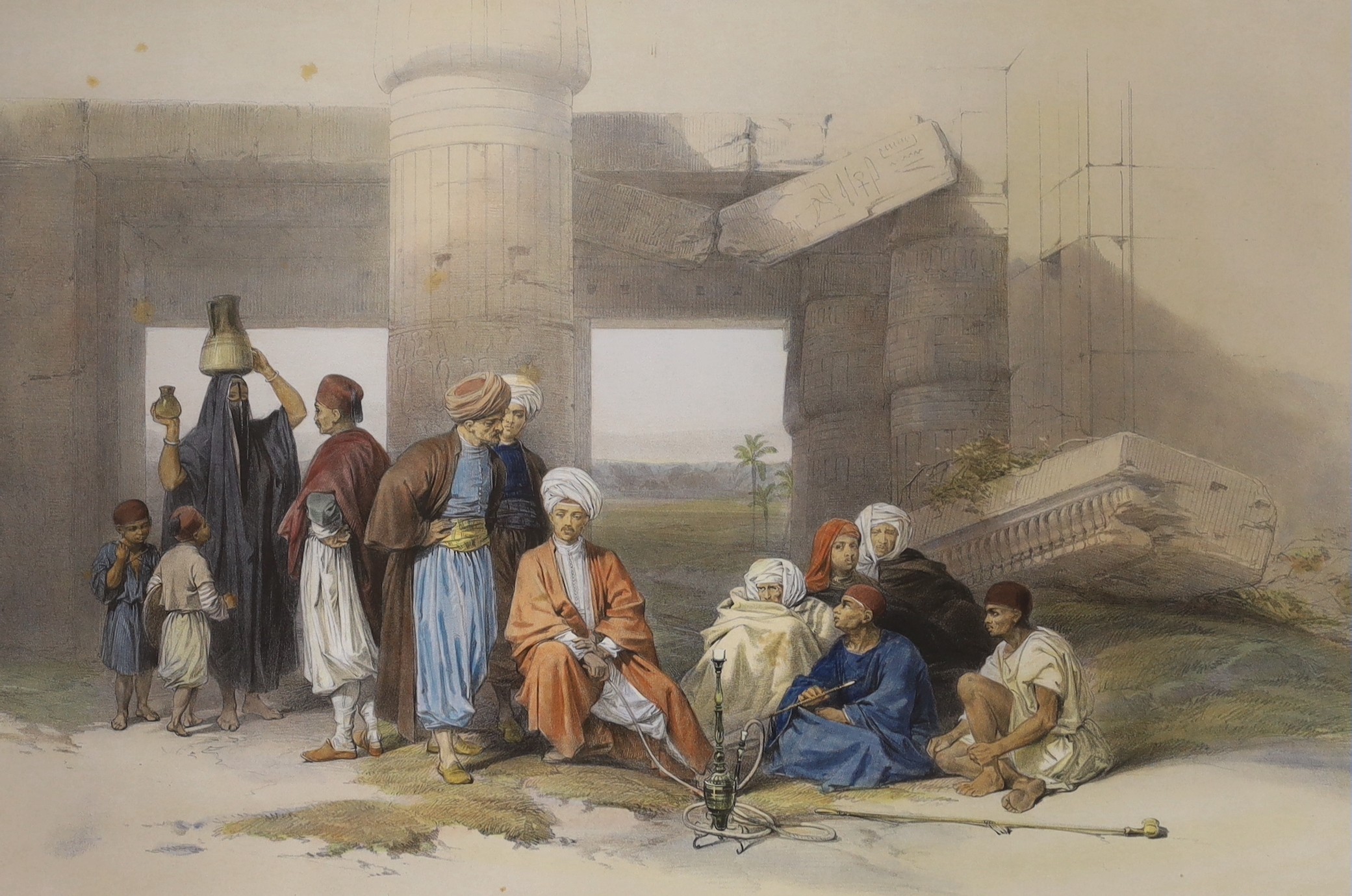 David Roberts RA, hand-coloured lithograph, 'Entrance to the Temple of Amun, Thebes', visible sheet, 37 x 49cm